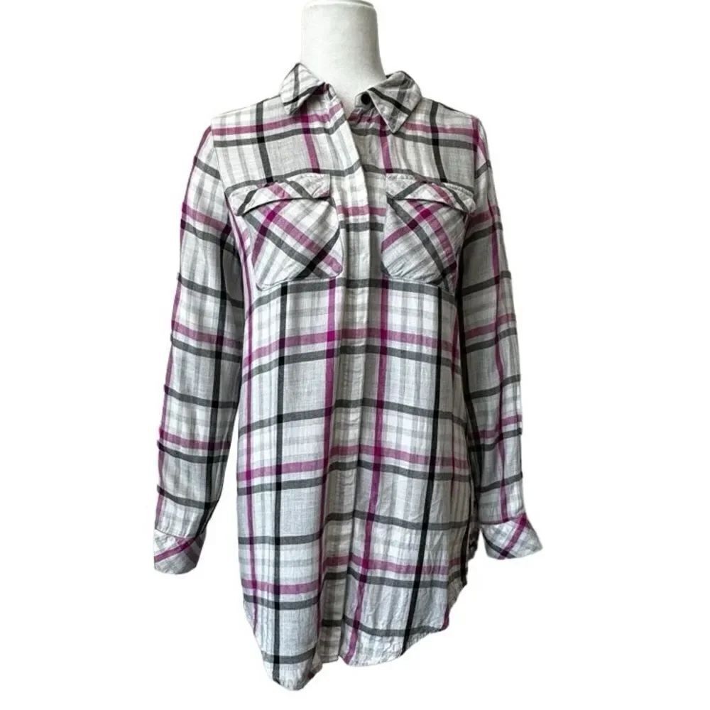 Vince Camuto Plaid Boyfriend Shirt Plaid High Low Long Sleeve SZ XS